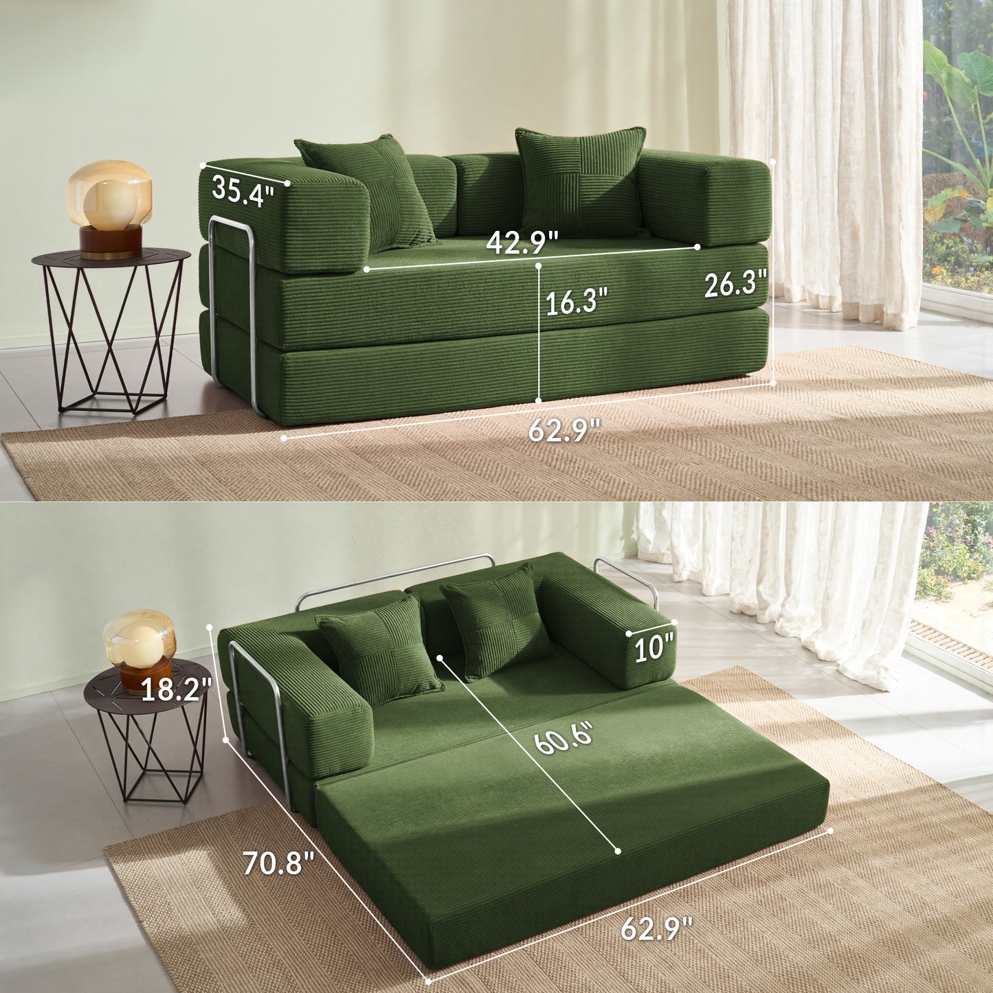 LUXAPA 62.9" Sleeper Sofa Bed, Comfy Modular 2-in-1 Convertible Couch, Corduroy Upholstered Loveseat, Deep Seat Sofa for Small Spaces, Modern Folding Guest Bed, No Assembly with 2 Pillows, Green