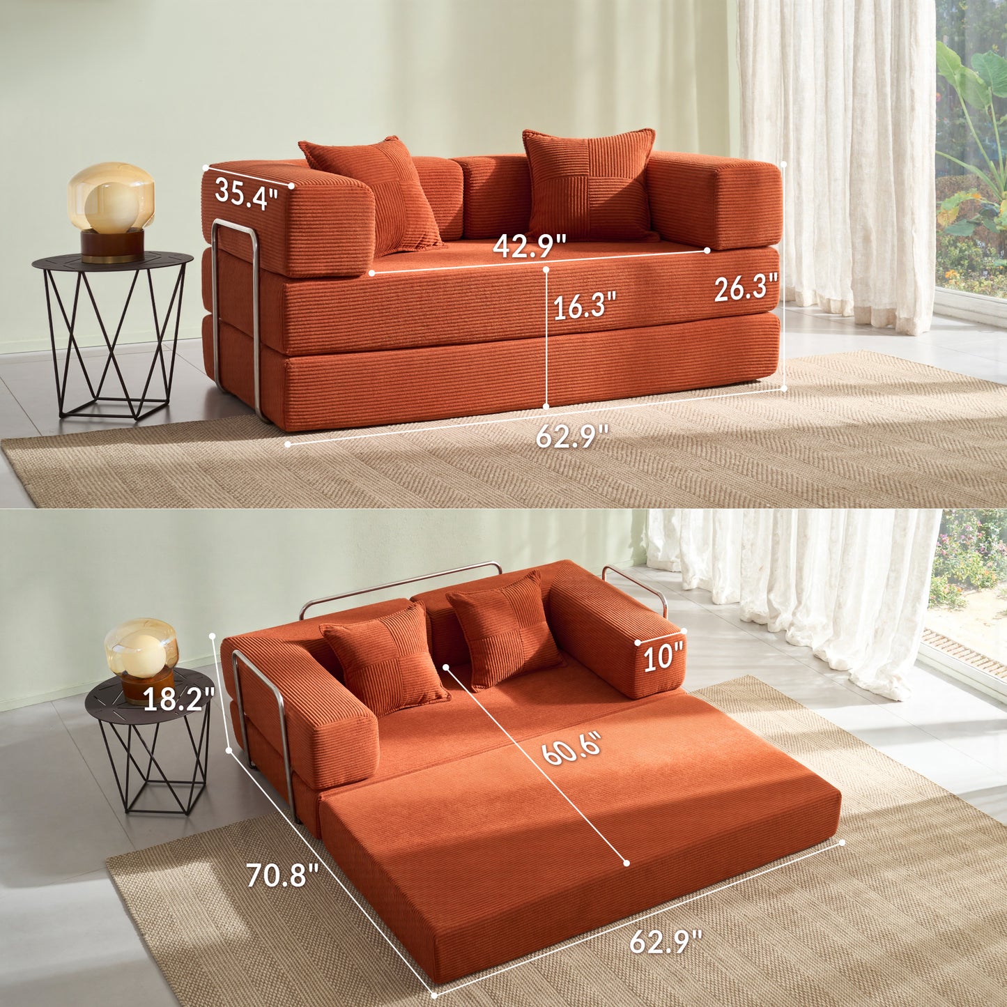 LUXAPA 62.9" Sleeper Sofa Bed, Comfy Modular 2-in-1 Convertible Couch, Corduroy Upholstered Loveseat, Deep Seat Sofa for Small Spaces, Modern Folding Guest Bed, No Assembly with 2 Pillows, Orange