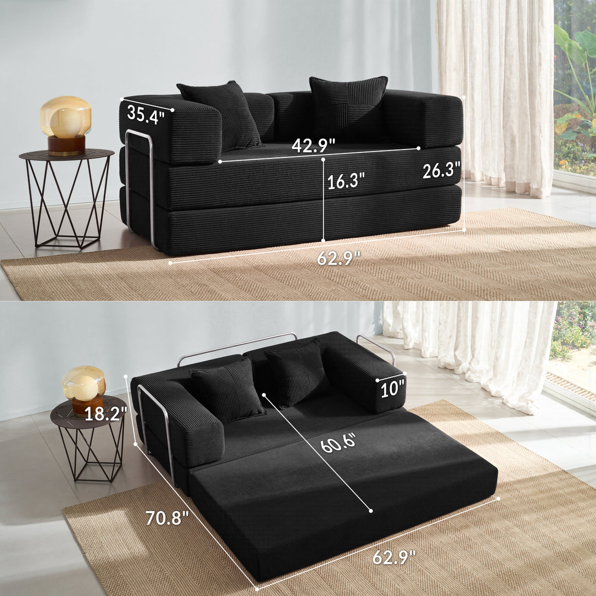 LUXAPA 62.9" Sleeper Sofa Bed, Comfy Modular 2-in-1 Convertible Couch, Corduroy Upholstered Loveseat, Deep Seat Sofa for Small Spaces, Modern Folding Guest Bed, No Assembly with 2 Pillows, Black