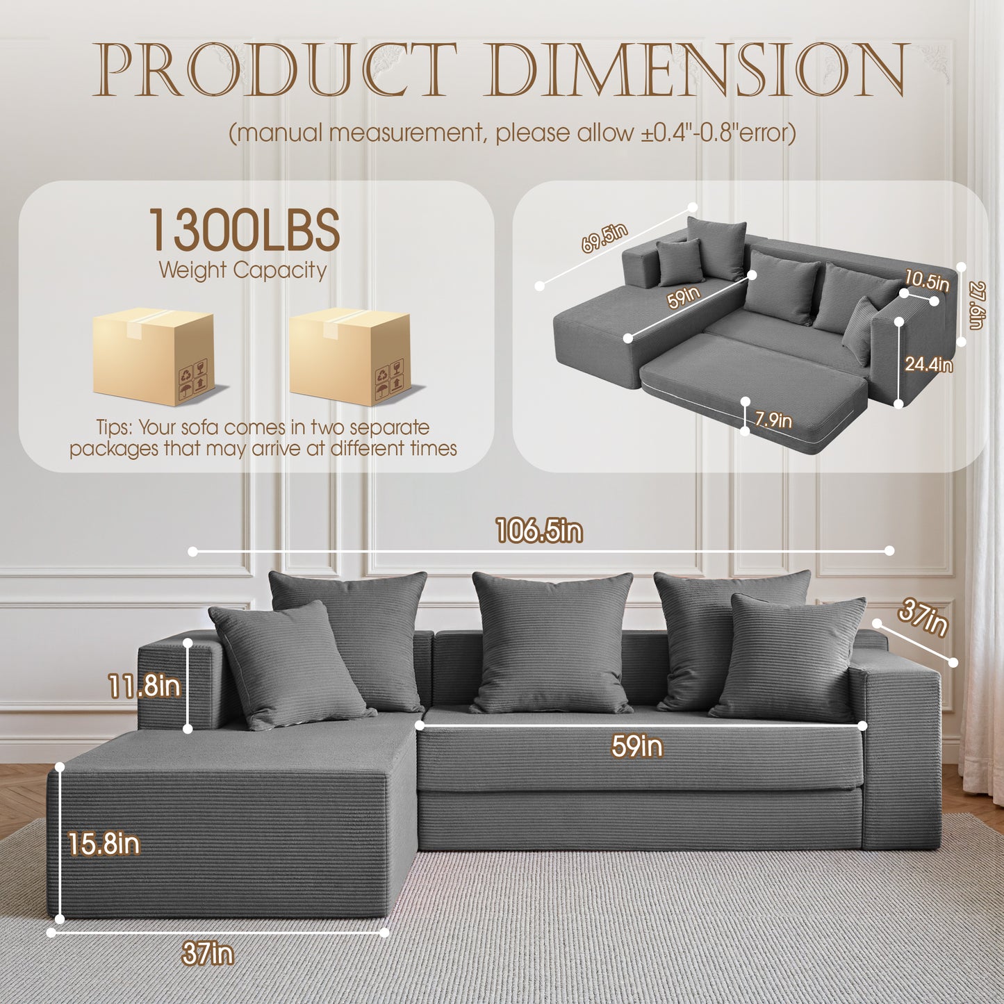 LUXAPA 106.5" Modular Sectional Sofa for Living Room , Cloud L-Shaped Sofa Couch with Deep Seating Upholstered, Gray