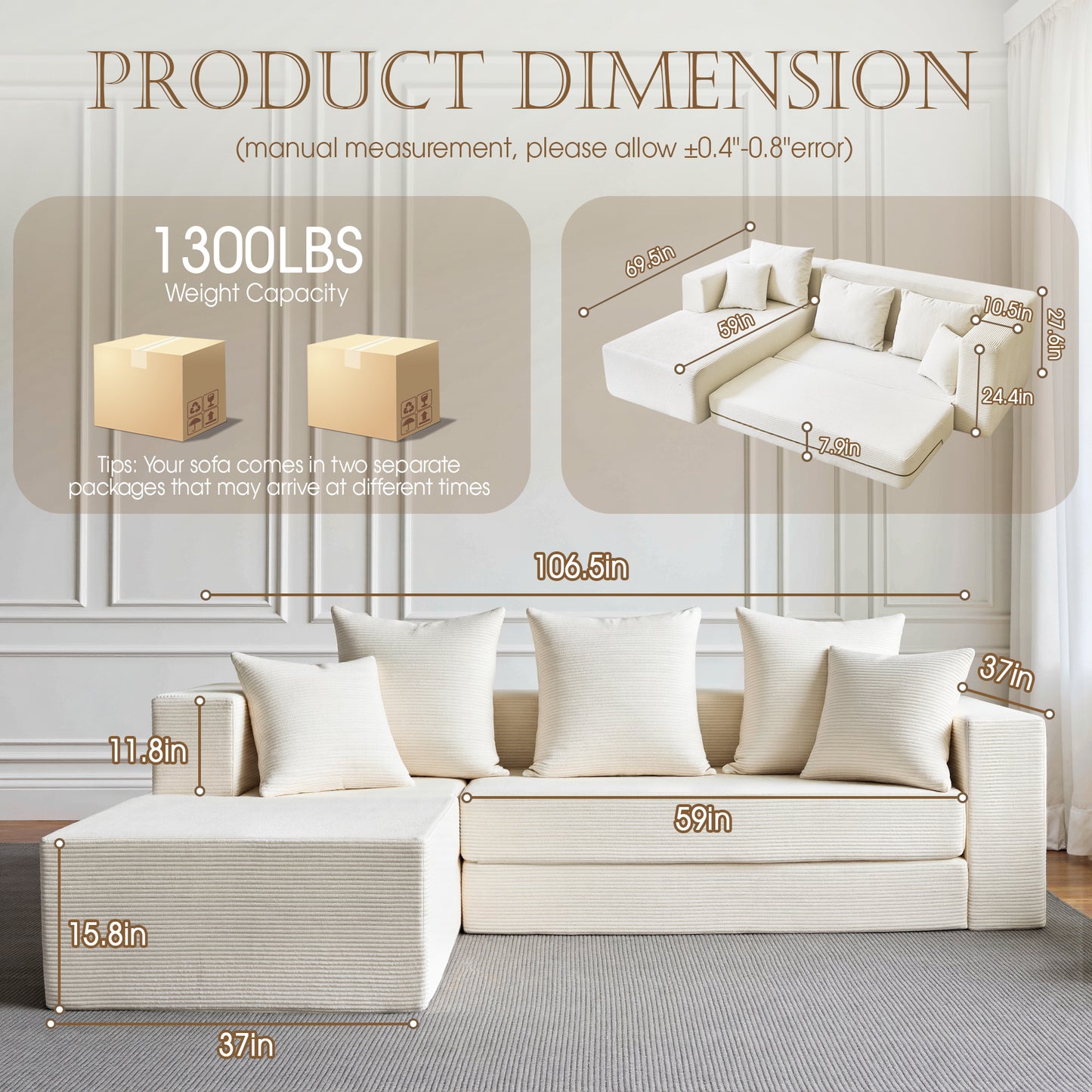 LUXAPA 106.5" Modular Sofa Couch for Living Room , Cloud L-Shaped Sofa with Deep Seating Upholstered, Green