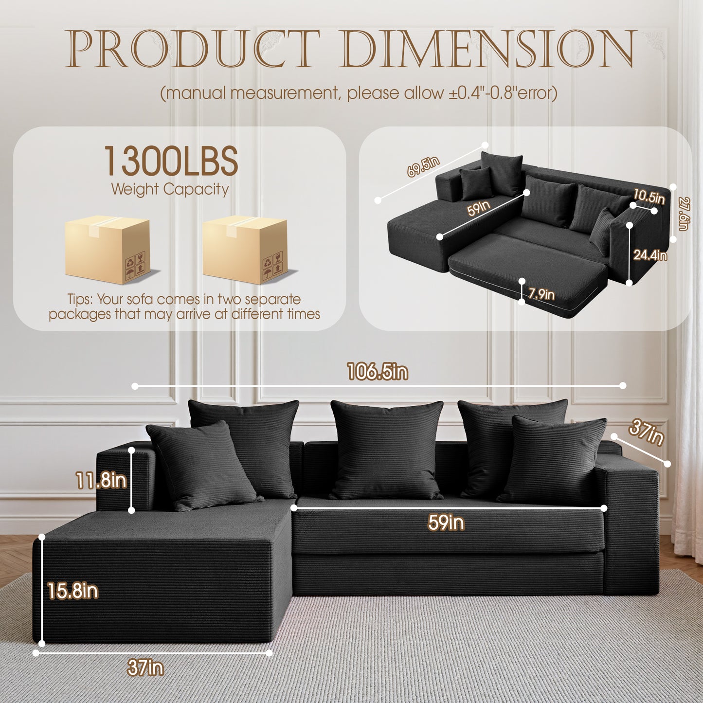 LUXAPA 106.5" Modular Sofa Couch for Living Room , Cloud L-Shaped Sofa with Deep Seating Upholstered, Black