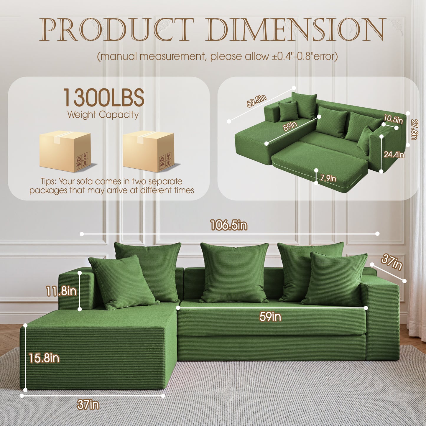 LUXAPA 106.5" Modular Sofa Couch for Living Room , Cloud L-Shaped Sofa with Deep Seating Upholstered, Green