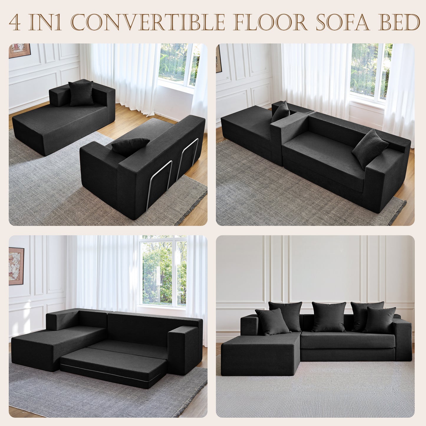 LUXAPA 106.5" Modular Sofa Couch for Living Room , Cloud L-Shaped Sofa with Deep Seating Upholstered, Black