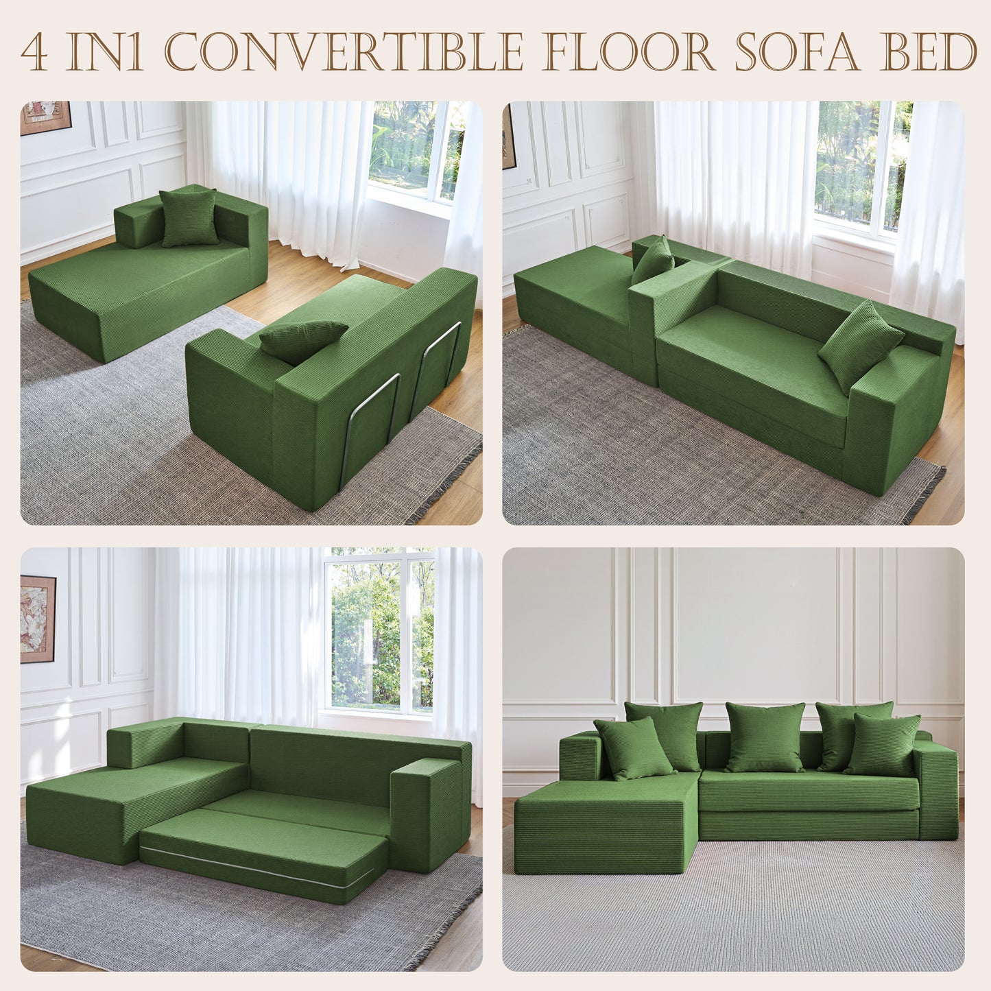 LUXAPA 106.5" Modular Sofa Couch for Living Room , Cloud L-Shaped Sofa with Deep Seating Upholstered, Green
