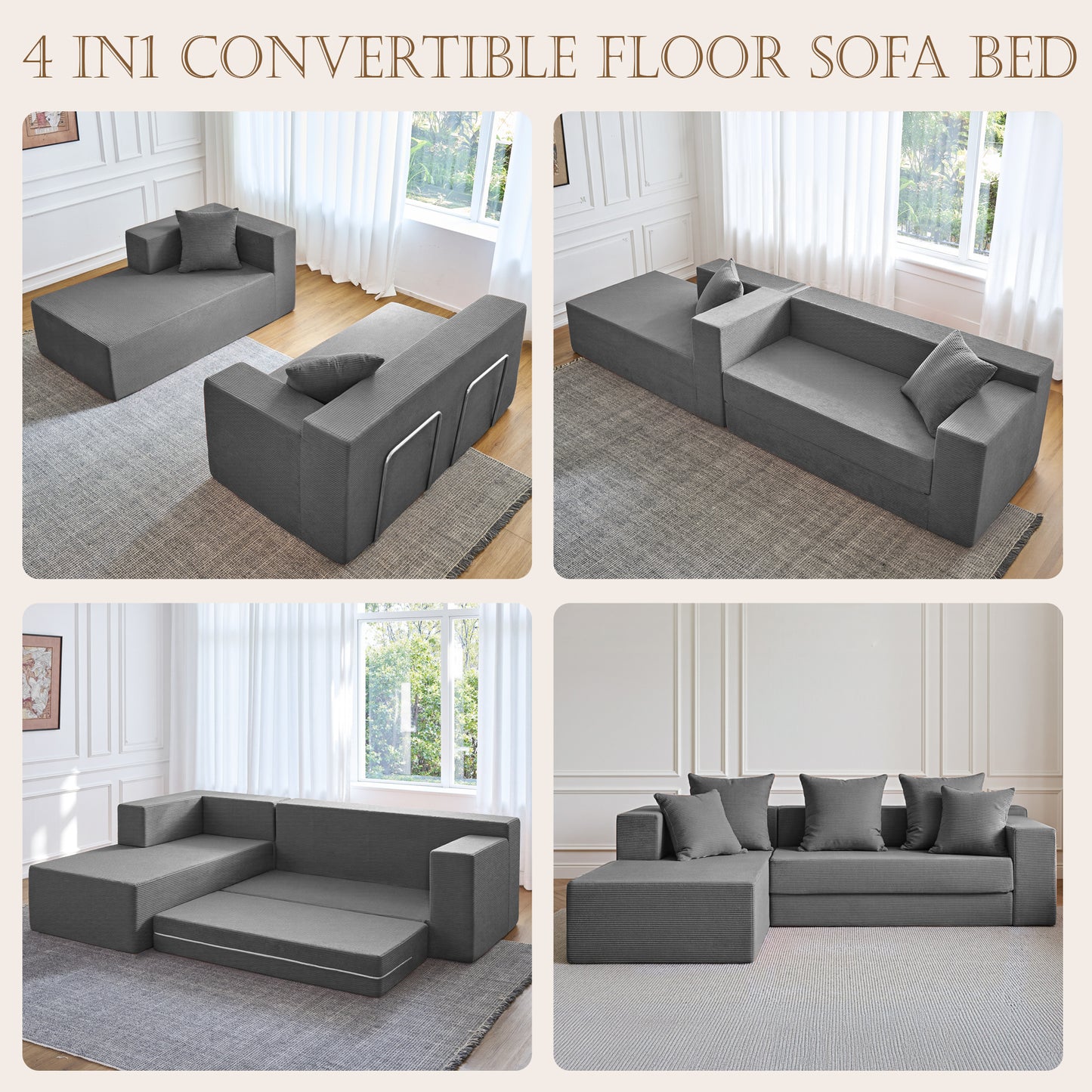 LUXAPA 106.5" Modular Sectional Sofa for Living Room , Cloud L-Shaped Sofa Couch with Deep Seating Upholstered, Gray