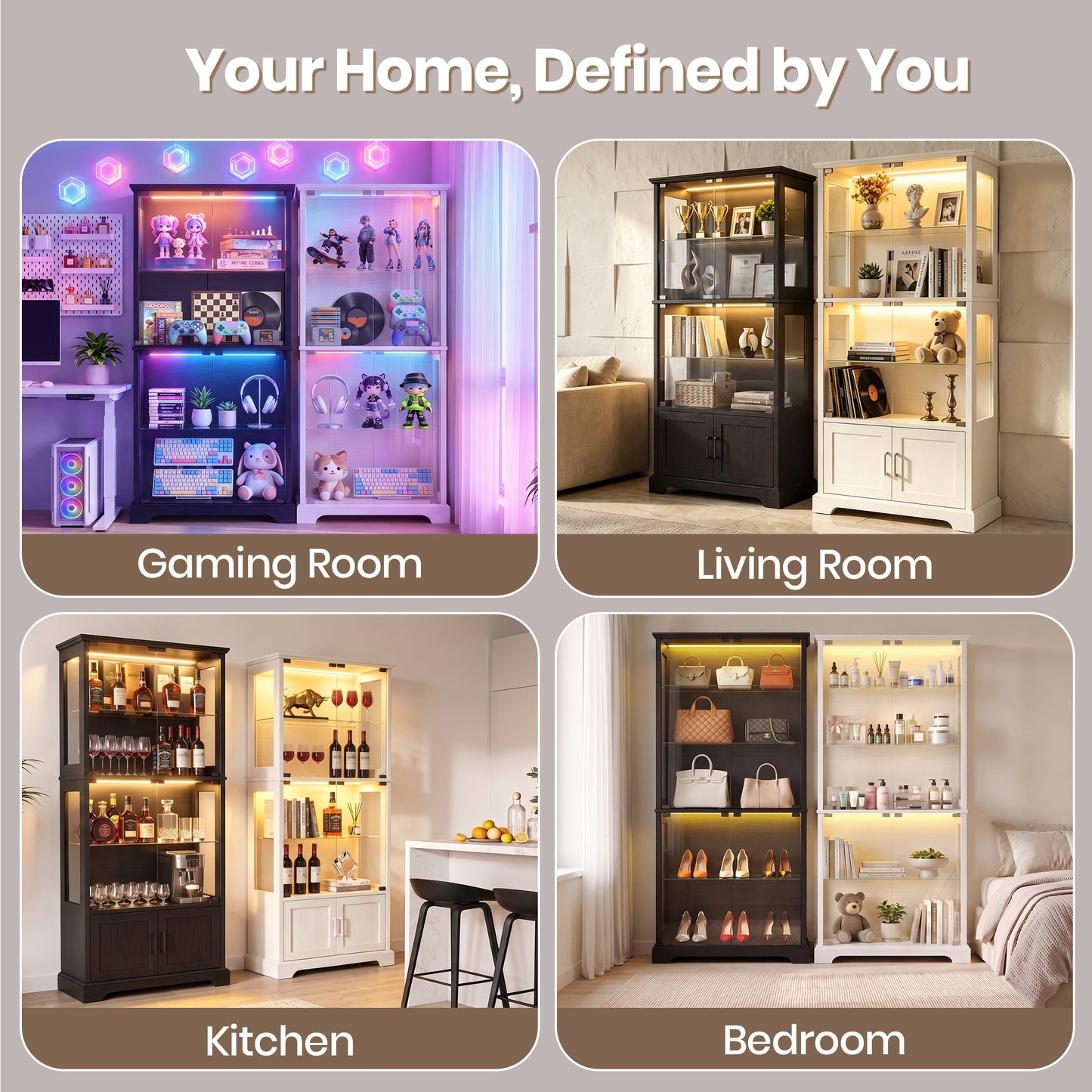 LUXAPA Display Cabinet with Glass Doors, 65" Storage Cabinet with LED Lights, 5-Tier Curio Cabinet & Bookshelf, Modern Collection Display Case for Living Room, Home Office, White