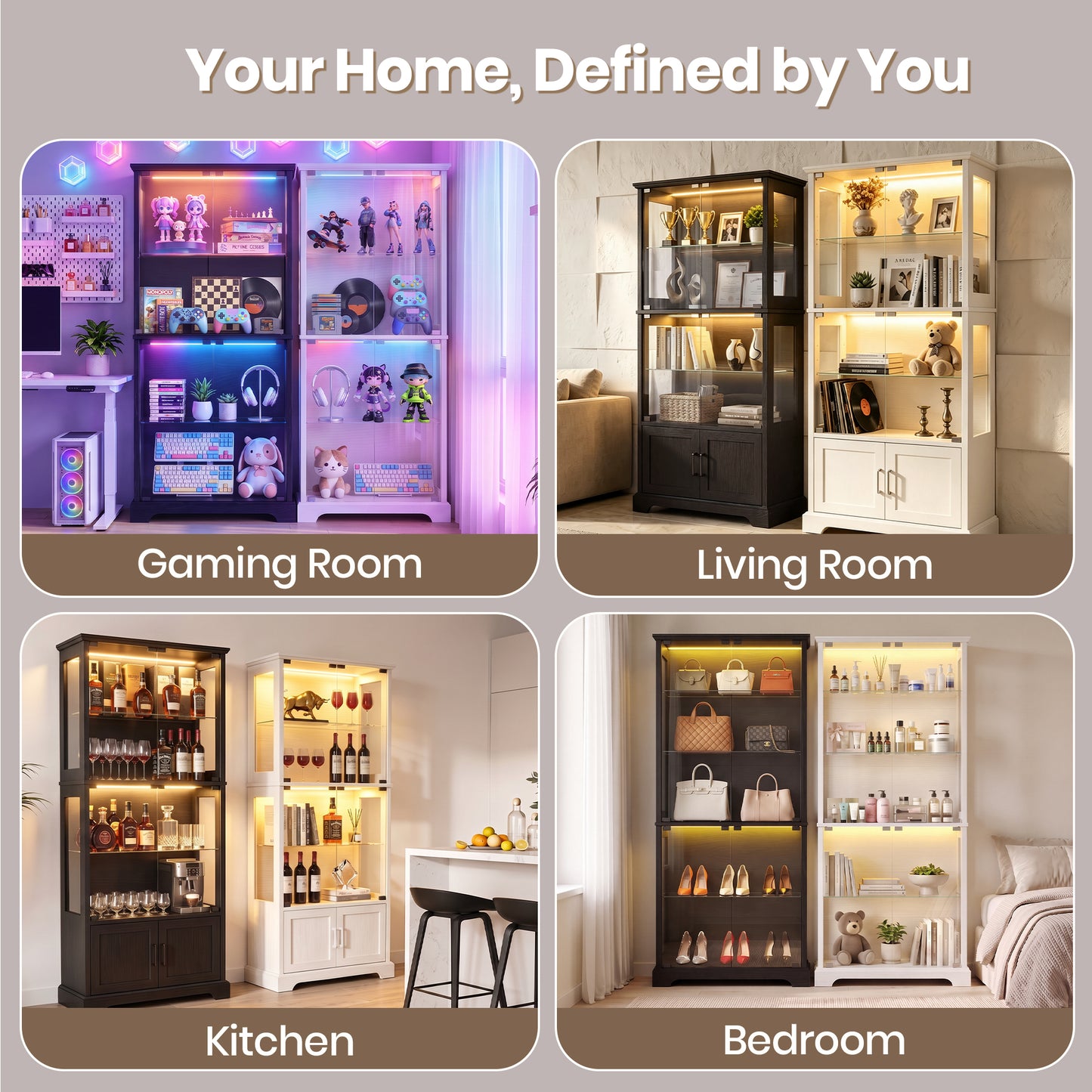 LUXAPA Display Cabinet with Glass Doors, 71" Storage Cabinet with LED Lights, 5-Tier Curio Cabinet & Bookshelf, Modern Collection Display Case for Living Room, Home Office, White