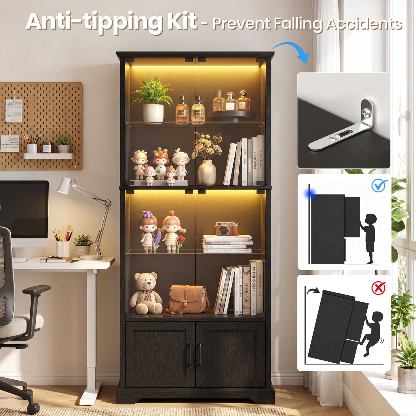 LUXAPA Display Cabinet with Glass Doors, 71" Storage Cabinet with LED Lights, 5-Tier Curio Cabinet & Bookshelf, Modern Collection Display Case for Living Room, Home Office, Black
