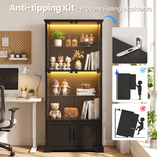 LUXAPA Display Cabinet with Glass Doors, 71" Storage Cabinet with LED Lights, 5-Tier Curio Cabinet & Bookshelf, Modern Collection Display Case for Living Room, Home Office, Black