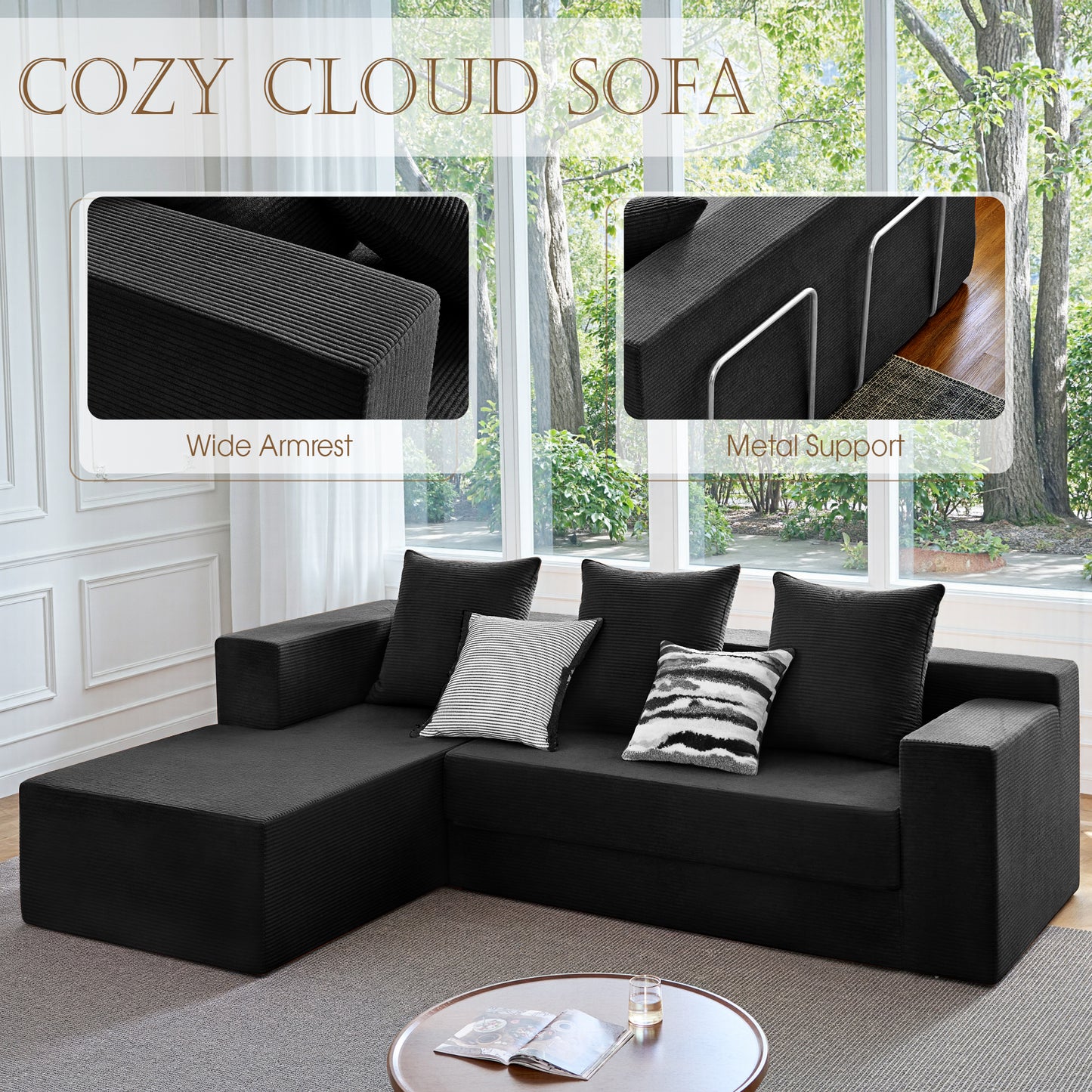 LUXAPA 106.5" Modular Sofa Couch for Living Room , Cloud L-Shaped Sofa with Deep Seating Upholstered, Black