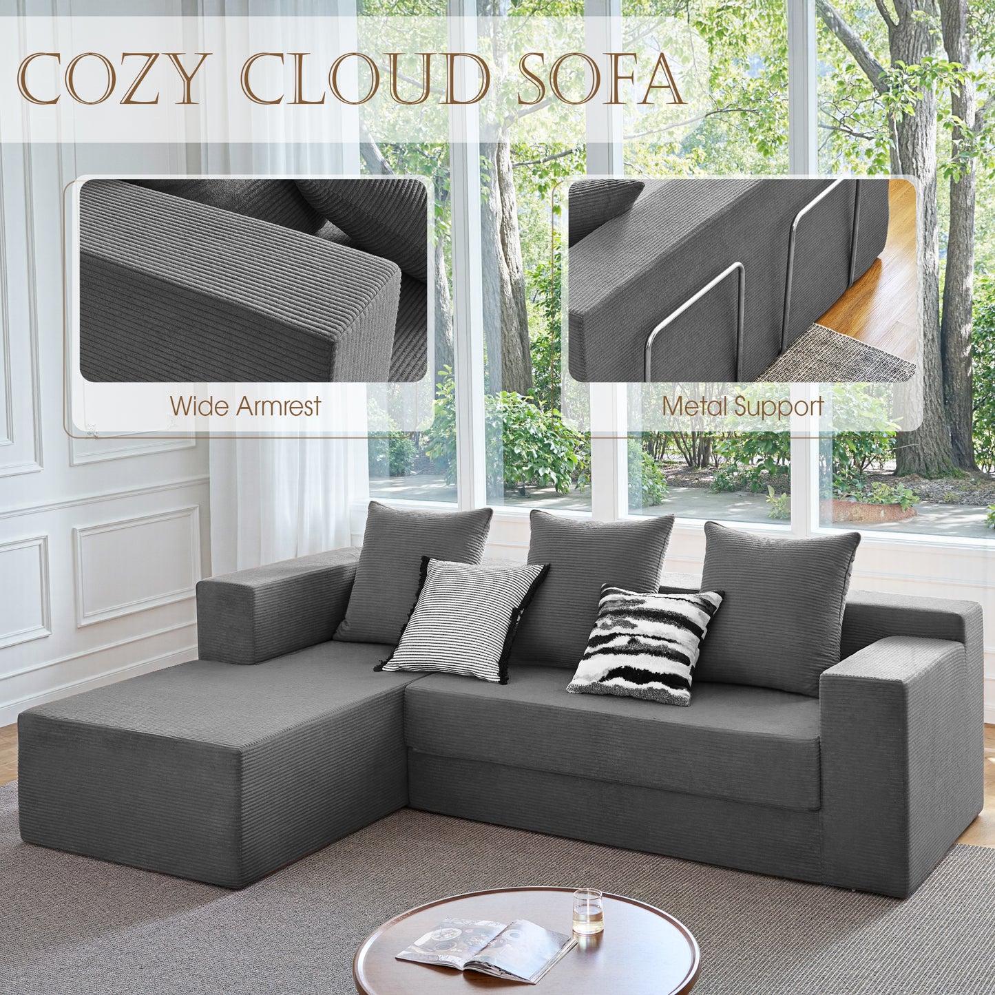 LUXAPA 106.5" Modular Sectional Sofa for Living Room , Cloud L-Shaped Sofa Couch with Deep Seating Upholstered, Gray