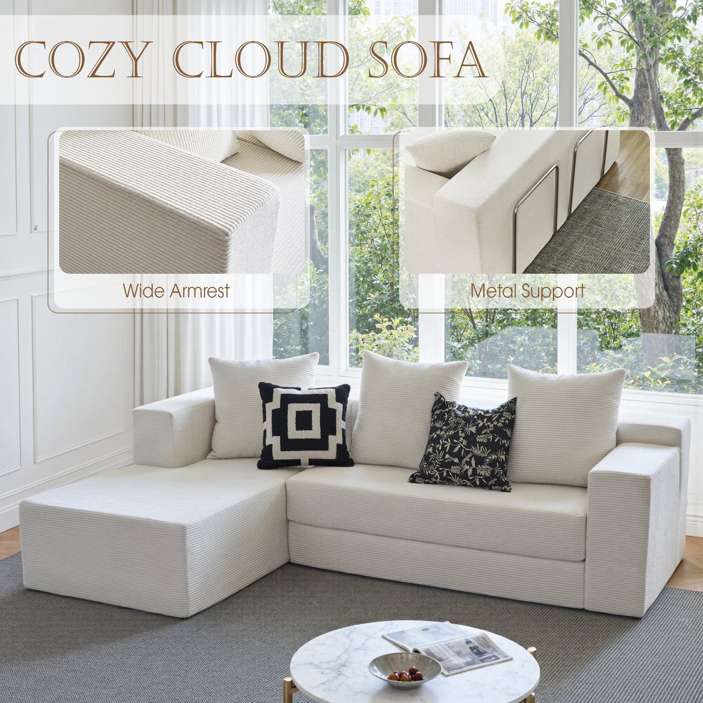 LUXAPA 106.5" Modular Sofa Couch for Living Room , Cloud L-Shaped Sofa with Deep Seating Upholstered, Green