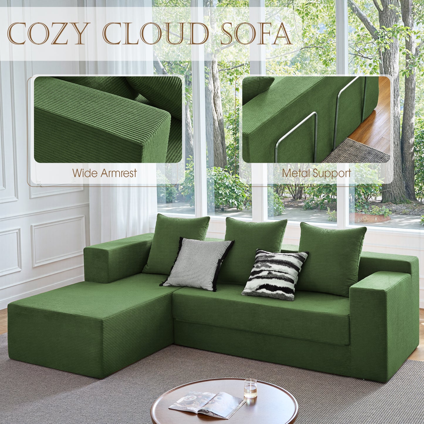 LUXAPA 106.5" Modular Sofa Couch for Living Room , Cloud L-Shaped Sofa with Deep Seating Upholstered, Green