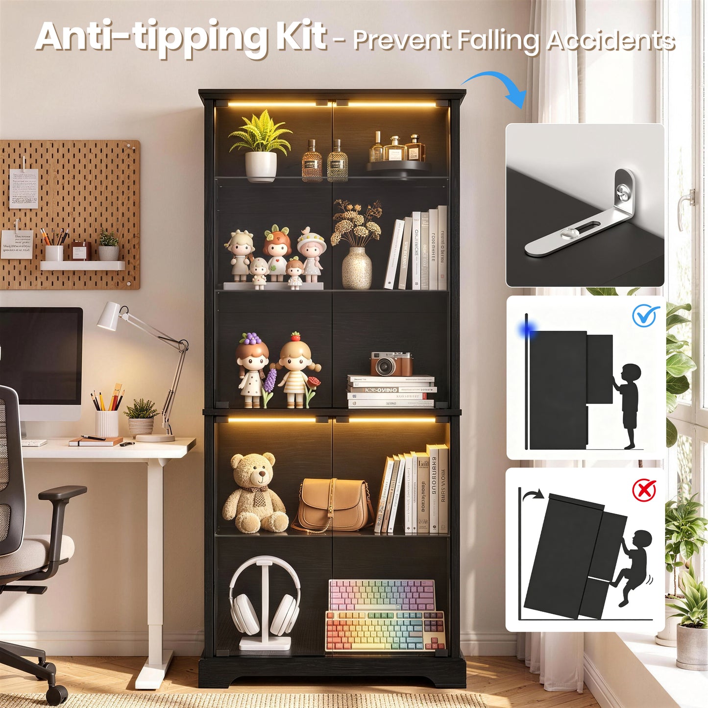 LUXAPA Display Cabinet with Glass Doors, 71" Storage Cabinet with LED Lights, 5-Tier Curio Cabinet & Bookshelf, Modern Collection Display Case for Living Room, Home Office, Black