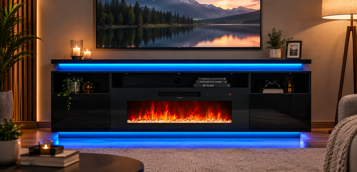 LUXAPA 67.5" Fireplace TV Stand with 36" Electric Fireplace, Entertainment Center for TVs, 8 Flame Colors, 12 Ambient Light Colors, Remote Control