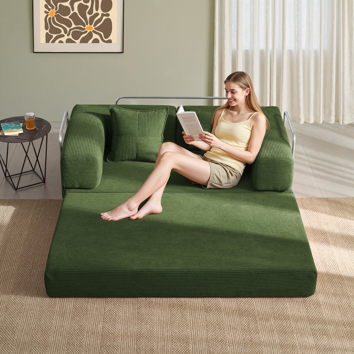 LUXAPA 62.9" Sleeper Sofa Bed, Comfy Modular 2-in-1 Convertible Couch, Corduroy Upholstered Loveseat, Deep Seat Sofa for Small Spaces, Modern Folding Guest Bed, No Assembly with 2 Pillows, Green
