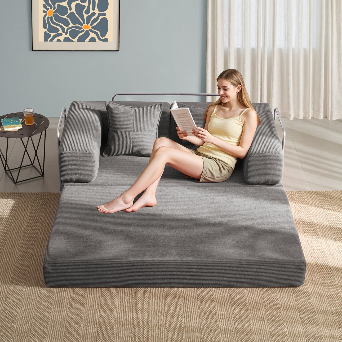 LUXAPA 62.9" Sleeper Sofa Bed, Comfy Modular 2-in-1 Convertible Couch, Corduroy Upholstered Loveseat, Deep Seat Sofa for Small Spaces, Modern Folding Guest Bed, No Assembly with 2 Pillows, Gray