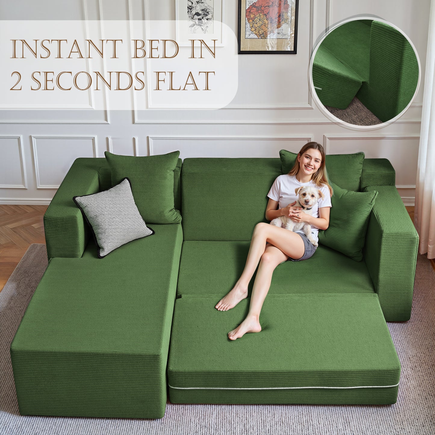 LUXAPA 106.5" Modular Sofa Couch for Living Room , Cloud L-Shaped Sofa with Deep Seating Upholstered, Green