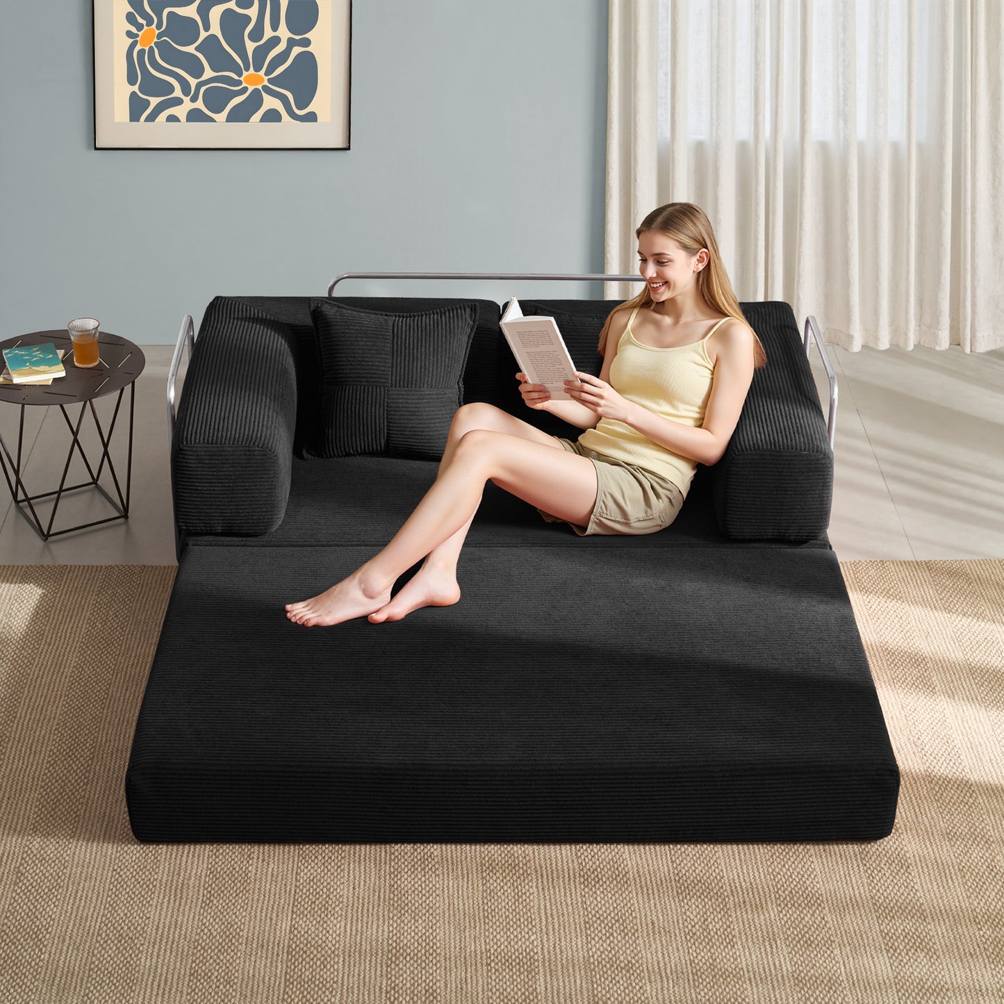 LUXAPA 62.9" Sleeper Sofa Bed, Comfy Modular 2-in-1 Convertible Couch, Corduroy Upholstered Loveseat, Deep Seat Sofa for Small Spaces, Modern Folding Guest Bed, No Assembly with 2 Pillows, Black