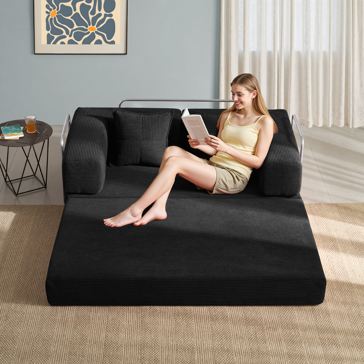 LUXAPA 62.9" Sleeper Sofa Bed, Comfy Modular 2-in-1 Convertible Couch, Corduroy Upholstered Loveseat, Deep Seat Sofa for Small Spaces, Modern Folding Guest Bed, No Assembly with 2 Pillows, Black