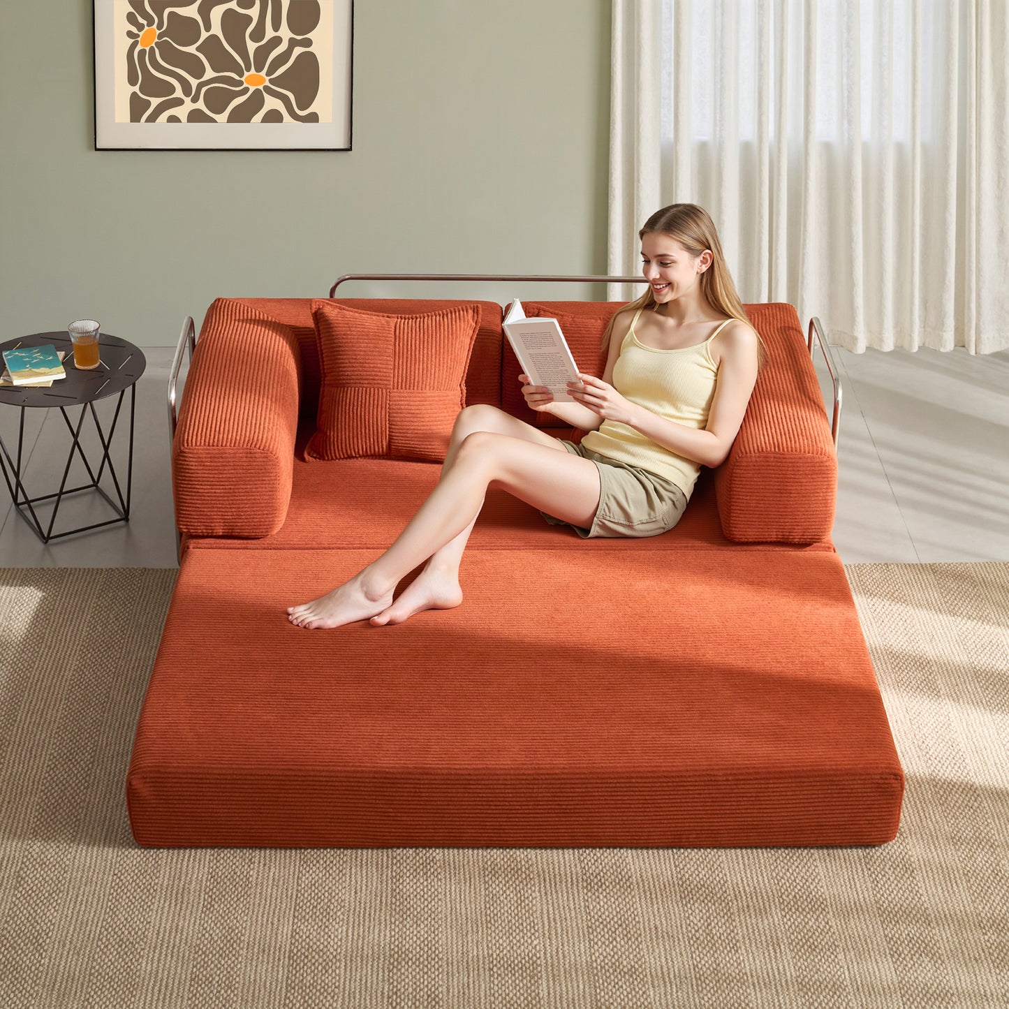 LUXAPA 62.9" Sleeper Sofa Bed, Comfy Modular 2-in-1 Convertible Couch, Corduroy Upholstered Loveseat, Deep Seat Sofa for Small Spaces, Modern Folding Guest Bed, No Assembly with 2 Pillows, Orange