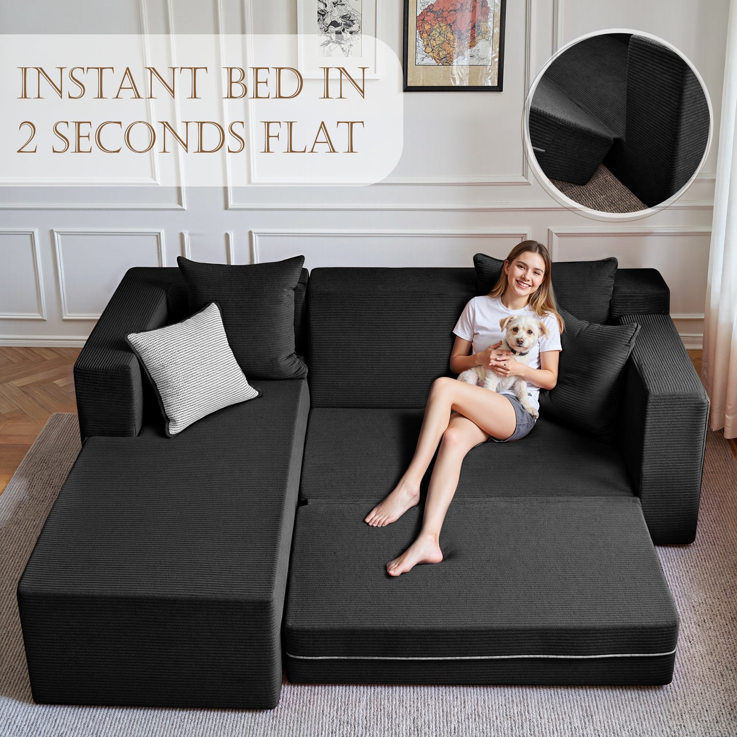 LUXAPA 106.5" Modular Sofa Couch for Living Room , Cloud L-Shaped Sofa with Deep Seating Upholstered, Black