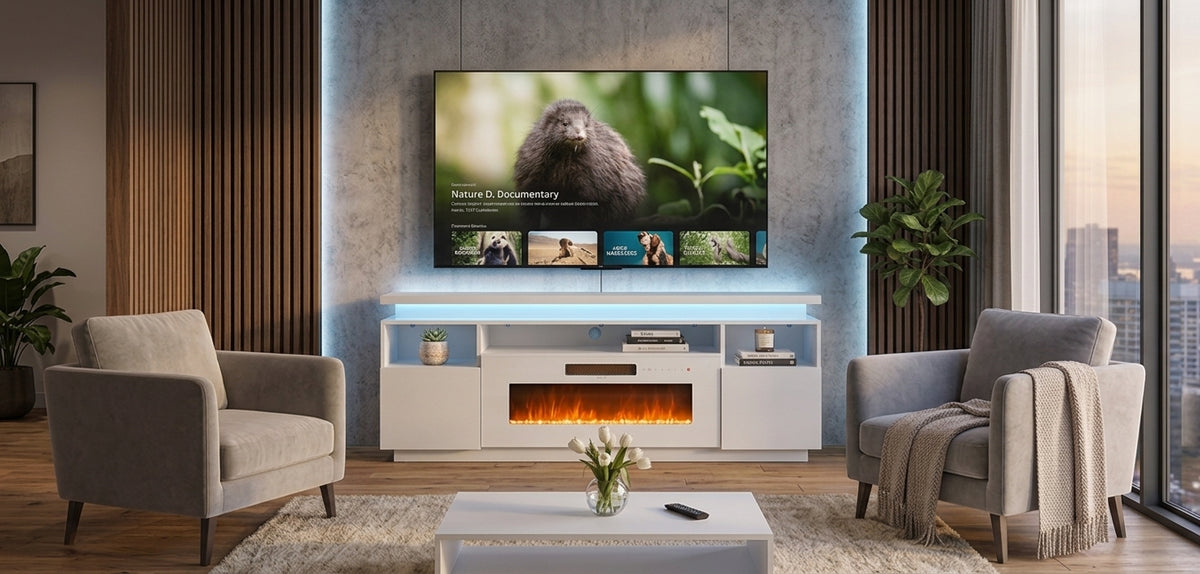 LUXAPA 67.5" Fireplace TV Stand with 36" Electric Fireplace, Entertainment Center for TVs, 8 Flame Colors, 12 Ambient Light Colors, Remote Control